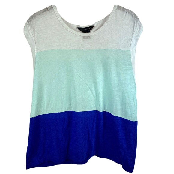 Calvin Klein Jeans White Aqua Blue Colorblock Cap Sleeve Top - Picture 1 of 12
